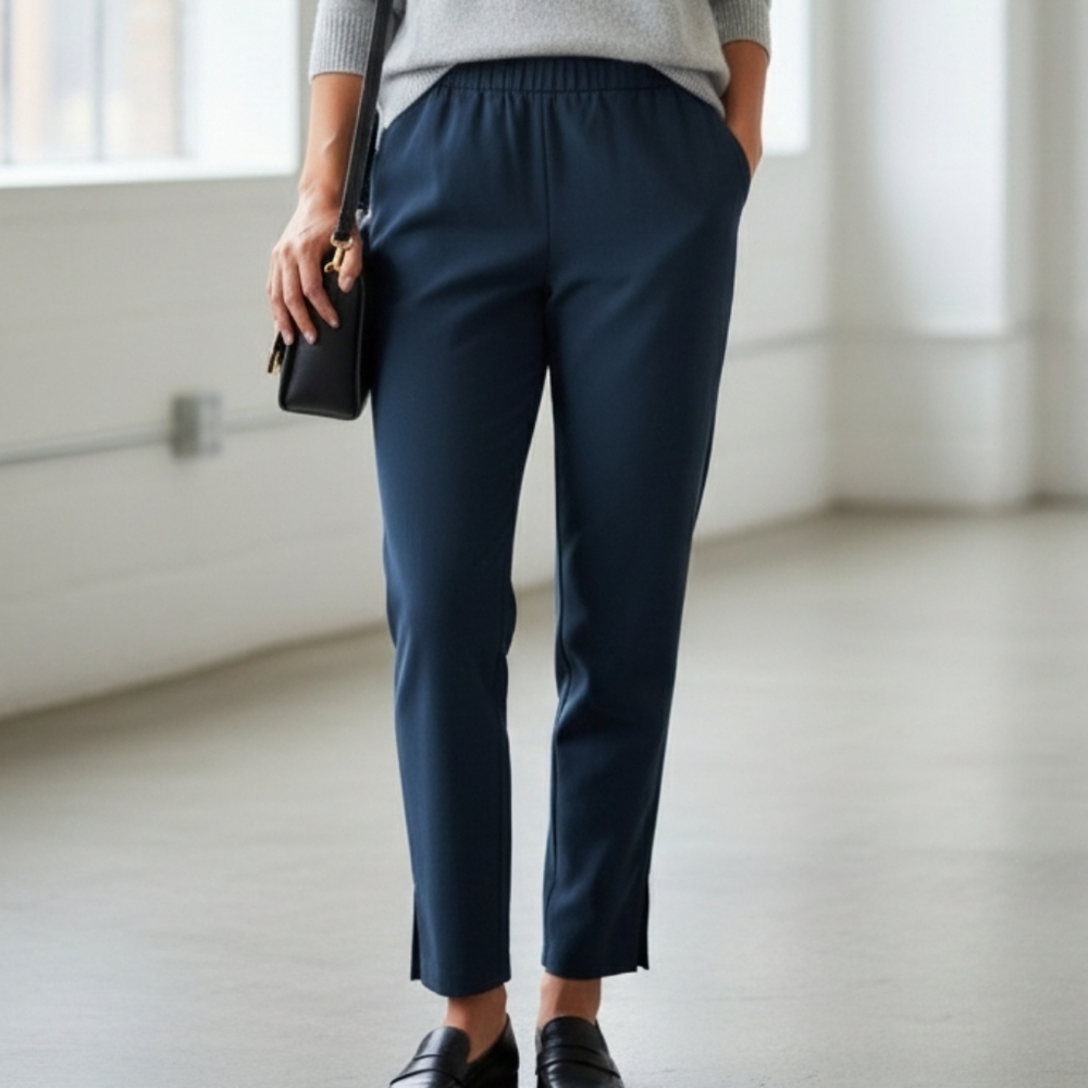 EUC Anthropologie Navy Blue Pull-On Ankle Slit Trousers S Quiet Luxury!